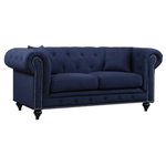 Meridian Furniture USA - Chesterfield Linen Textured Fabric Upholstered Loveseat, Navy - Elegant and eye-catching, the stunning Chesterfield Living Room from Meridian Furniture is the perfect addition to any space. Rich Linen Textured covers the plush, comfortable seat, padded with high-density foam and modern tufted design. Strength and beauty is guaranteed with a solid wood frame and legs. Features a nail head design on the arms and includes matching throw pillows.