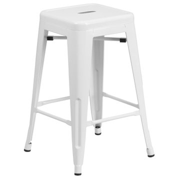 24" Counter Height White Metal Stool With Square Seat
