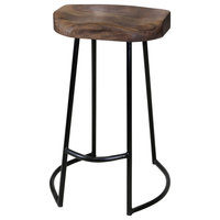 Gavin Sculpted Counter Stool, Solid Acacia Seat and Black Wrought Iron Base