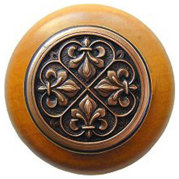 Fleur-De-Lis Maple Wood Knob, Antique-Style Copper