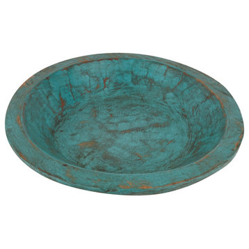 Painted Round Rustic Farmhouse Wooden Dough Bowl, Turquoise, Round
