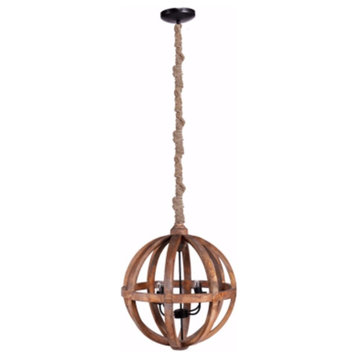 Benzara BM154663 Wood Cutout Sphere Chandelier With Rope Hanger, Brown