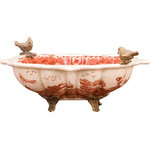 Danny's Fine Porcelain - Platter with bronze birds accent- red and white - Cutest small platter, handmade and hand painted in red and white porcelain with a classic landscape. Features small bronze accent birds on the top and bronze feet.