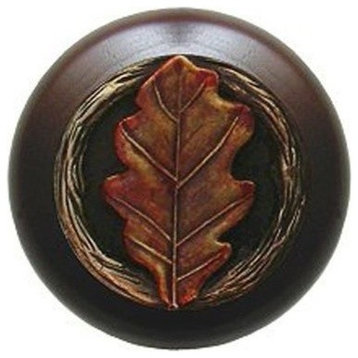 Oak Leaf Walnut Wood Knob, Hand-Tinted Brass
