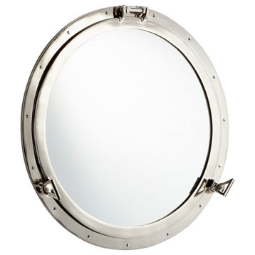 Modern Round Porthole Wall Mirror in Nickel Finish Gleaming Nickel Frame 28