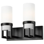 Innovations Lighting - Utopia 2 Light 8" Bath Vanity Light, Matte Black, Matte White Glass - Modern and geometric design elements give the Utopia Collection a striking presence. This gorgeous fixture features a sharply squared off frame, softened by a round glass holder that secures a cylindrical glass shade.