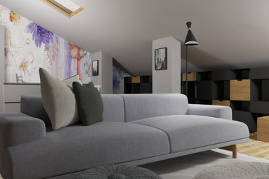 Imagen de salón abierto minimalista de tamaño medio con paredes multicolor, suelo de madera pintada, suelo beige y papel pintado