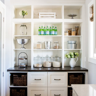 Mid-sized farmhouse kitchen pantry designs - Kitchen pantry - mid-sized farmhouse medium tone wood floor kitchen pantry idea in Salt Lake City with shaker cabinets, white cabinets, an undermount sink, quartz countertops and no island