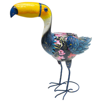Metal Toucan Planter Flower Pot with a Floral Patterned Body