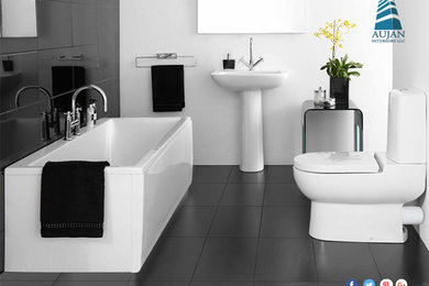Walk-in shower - large modern master black tile and ceramic tile porcelain tile walk-in shower idea in Other with a hot tub, a one-piece toilet, white walls and a console sink