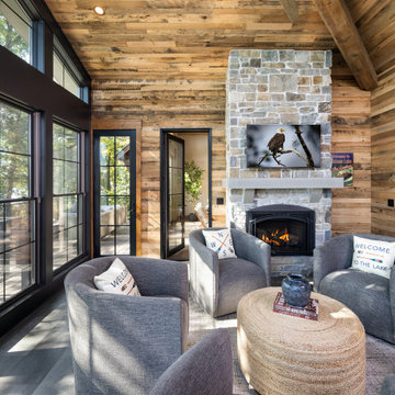 Antique Skim Oak Paneling and Weathered Antique Box Beams in a Lakeside Sunroom