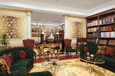 Mid-sized elegant open concept dark wood floor living room library photo in New York with yellow walls