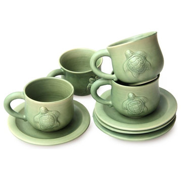 Handmade Turtle Action  Ceramic cups and saucers (set for 4) - Indonesia