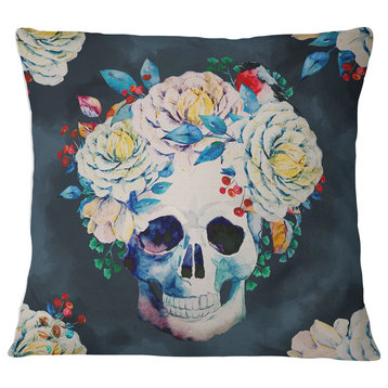 Watercolor Vector Skull Floral Throw Pillow, 16"x16"