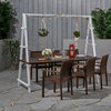 Fanny Outdoor Acacia Wood and Iron Planter Dining Set, Dark Brown, White