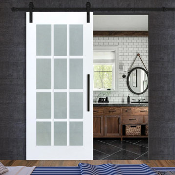 French 12 Lite Sliding Barn Door with Frosted, Clear, or Textured Glass Insert, Finished (Painted), 36"x84" Inches