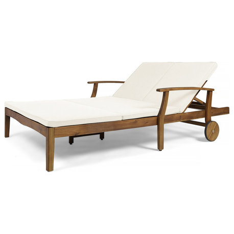 GDF Studio Samantha Outdoor Acacia Wood Double Chaise Lounge, Teak Finish/Cream
