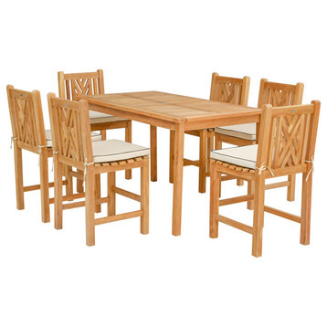 7 Piece Teak Chippendale 63" Rect Counter Set, 6 Armless Counter Stools