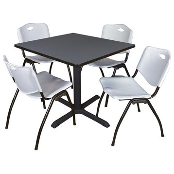 Cain 36" Square Breakroom Table, Gray and 4 'M' Stack Chairs, Gray