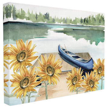Rowboat on a Calm Lake with Sunflowers Watercolor Painting Canvas, 24"x30"