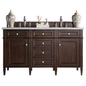 Brittany 60" Burnished Mahogany Double Vanity w/ 3 CM Carrara Marble Top