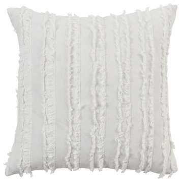 Throw Pillow With Fringe Stripe Design, White, 18"x18", Poly Filled