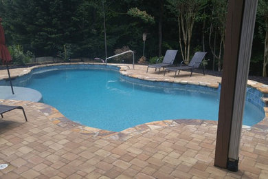 Diseño de piscina natural de tamaño medio a medida en patio trasero con adoquines de ladrillo