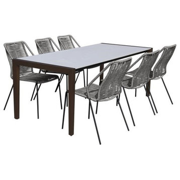 Armen Living Fineline and Clip 7PC Fabric Outdoor Dining Set in Brown/Gray