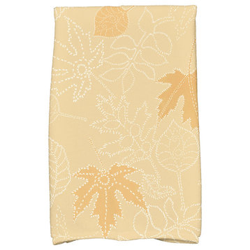 Dotted Leaves Floral Print Kitchen Towel, Gold
