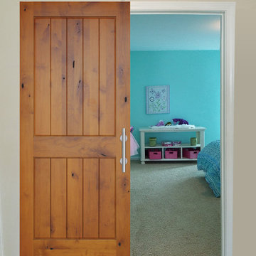 Prefinished Interior Knotty Alder 2 Panel V-Groove Barn Door, Stainless