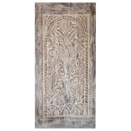 Consigned Tree of Life Carved Door, Vintage Whitewash Barn Door, Accent Door