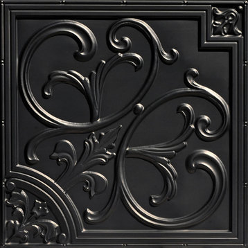 Lillies and Swirls, Faux Tin Ceiling Tile, Black, 24"x24"