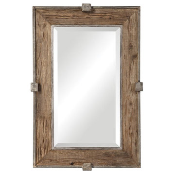 Maklaine Cast Iron & Wood Decorative Mirror in Natural and Burnished Silver