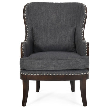 Upholstered Accent Chair With Nailhead Trim, Charcoal + Dark Brown, Fabric