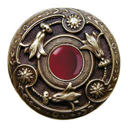 Inviting Home Inc. - Jeweled Lily Knob, Antique-Style Brass With Red Carnelian - Cabinet And Drawer Knobs
