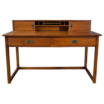 Crafters and Weavers Arts and Crafts Wood Library Table with Hutch in Cherry
