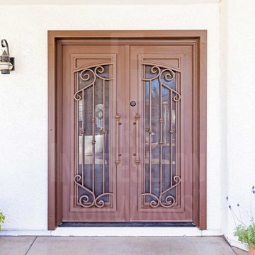 French Tip French Iron Entry Door with Faux Arch & Bauble Handles