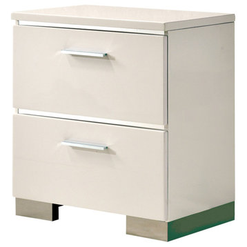 Contemporary Nightstand, 2 Drawers With Silver Pulls & Back USB Ports, White