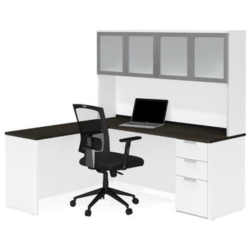 Pemberly Row L Desk with 4 Door Hutch in White and Deep Gray