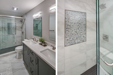 Example of a mid-sized transitional 3/4 ceramic tile, gray floor and double-sink bathroom design in Chicago with recessed-panel cabinets, gray cabinets, an undermount sink, quartz countertops, gray countertops, a niche and a freestanding vanity