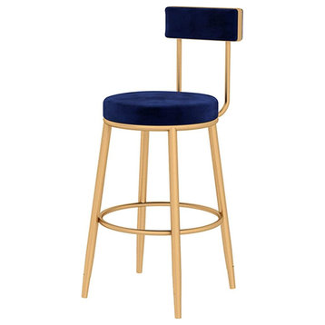 Nordic-Styled Minimalistic Bar Stool With Backrest, Blue, H25.6", Gold Legs