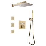 Modland - Luxury Thermostatic Complete Shower System With Rough-in Valve, Brushed Gold - The modern design makes this elegant shower system the perfect addition to your beautiful home. Featuring an ultra-thin air injection showerhead, this shower system will provide a powerful spray that simulates the feeling of raindrops falling down on your skin, like an unprecedented massage. A constant temperature shower can bring you a relaxing shower experience without worrying about sudden temperature changes. Together with 3 body jets, this excellent shower system will provide you with a more comfortable bathing experience, drive away fatigue and relax your mind and body.