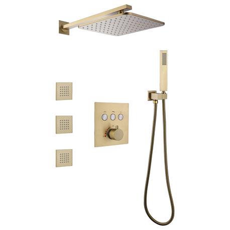 Luxury Thermostatic Complete Shower System With Rough-in Valve, Brushed Gold