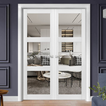 Interior Solid French Double Doors Clear Glass 3 Lites, Lucia 2555 Matte White, 72" X 80"