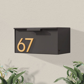 Short Stack Wall Mounted Mailbox + House Numbers, Brown, Brass Font