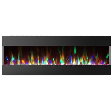 60" Recessed Wall Mounted Electric Fireplace With Crystal and LED Display, Black
