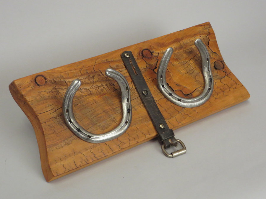 #R15060 Coat Rack Reclaimed Hemlock, horseshoes, leather.