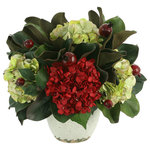 Creative Displays - Assorted Hydrangea and Pomegranate Fall Arrangement in a Ceramic Vase - Introducing our newest floral arrangement: the Assorted Hydrangea and Pomegranate Fall Arrangement in a Ceramic Vase! This beautiful and luxurious arrangement is made with high quality materials and is handcrafted with taste and care. With its unique combination of deep red Hydrangeas, green Hydrangeas, Magnolia leaves, and faux Pomegranates, this arrangement is perfect for adding a hint of glamour to your home or office. Best of all, this arrangement is hassle-free and requires no watering or maintenance!