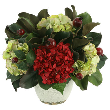 Assorted Hydrangea and Pomegranate Fall Arrangement in a Ceramic Vase