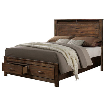 Benzara BM168618 Wooden Queen Bed With Display & Storage Drawers, Oak Finish